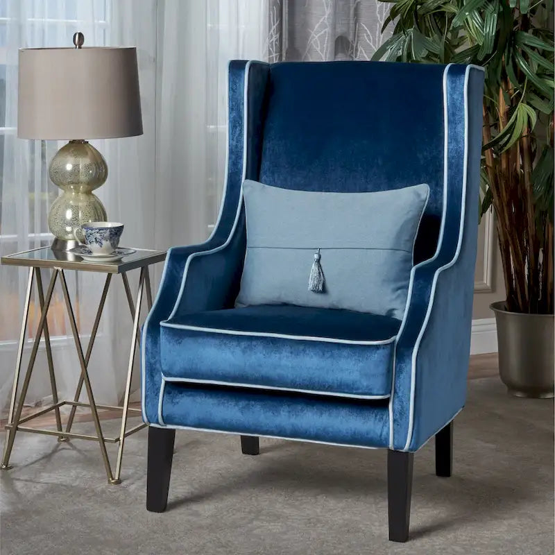 Fauteuil de club en velours bleu/noir à dossier haut, 1 personne
