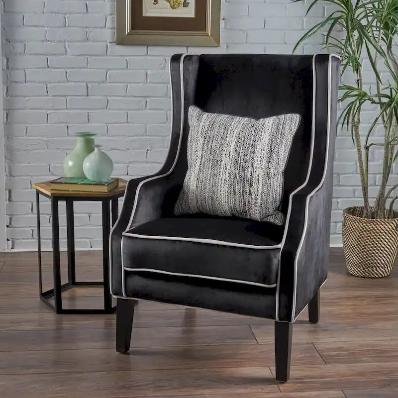 Fauteuil de club en velours bleu/noir à dossier haut, 1 personne