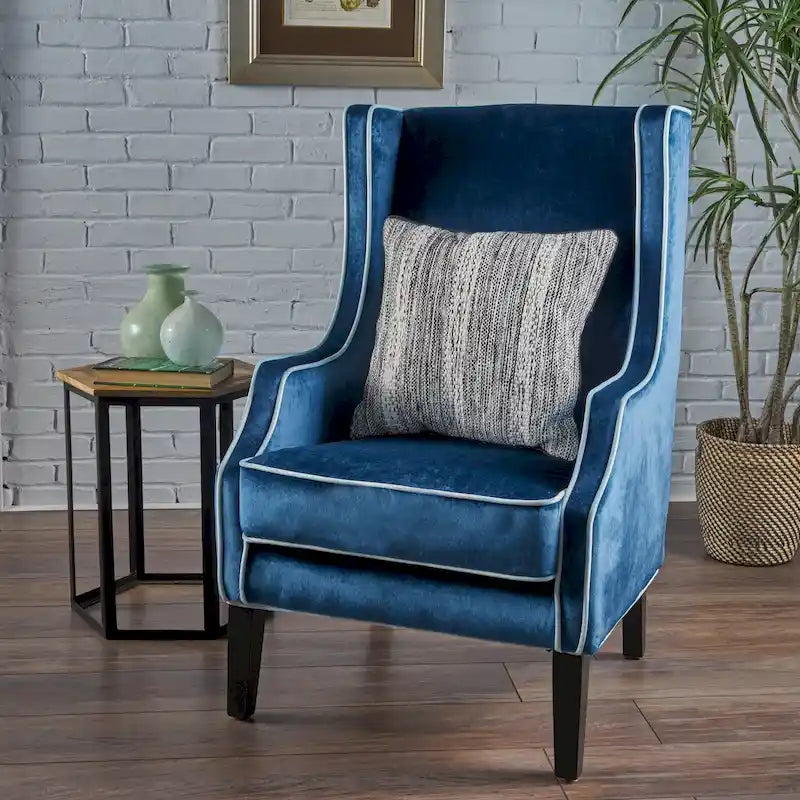 Fauteuil de club en velours bleu/noir à dossier haut, 1 personne