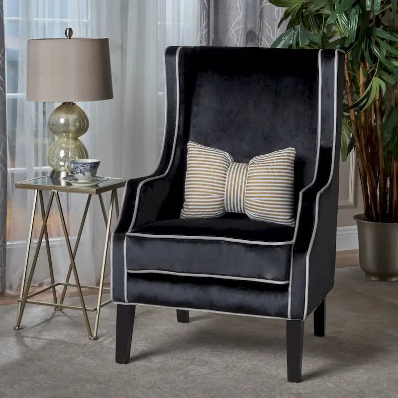 Fauteuil de club en velours bleu/noir à dossier haut, 1 personne