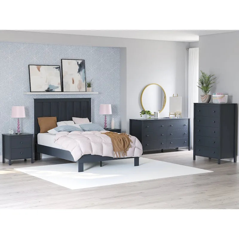 Commode 5 tiroirs style shaker bleu marine en bois d'ingénierie