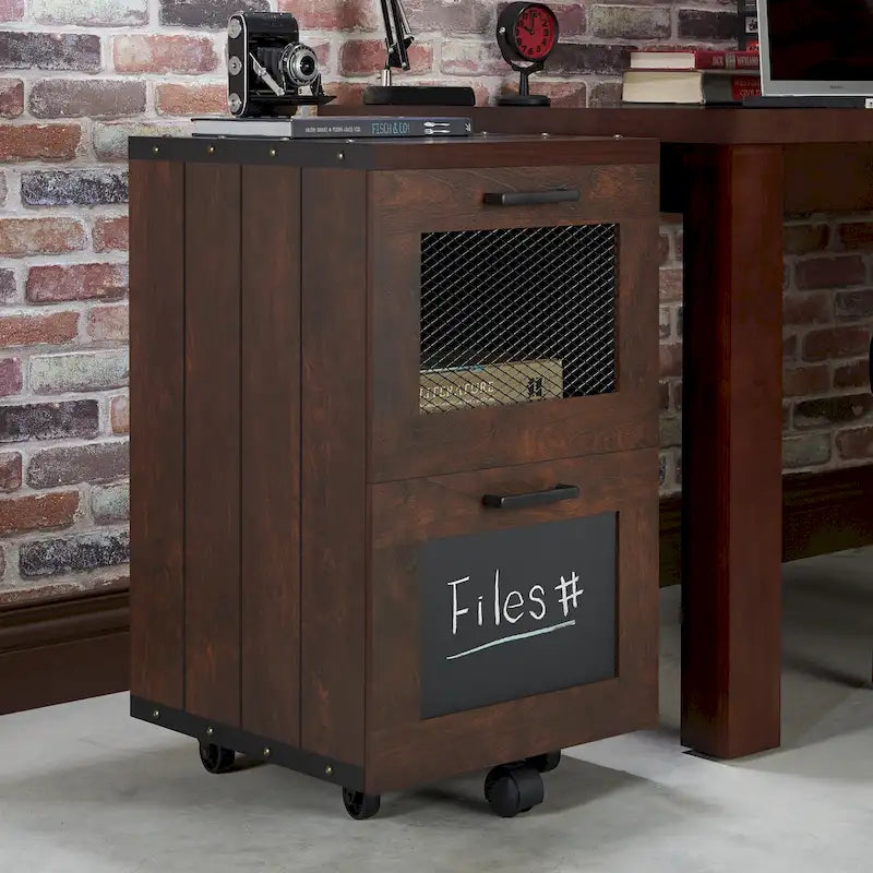 Classeur mobile vintage rustique en noyer à 2 tiroirs avec panneau ardoise pour 1