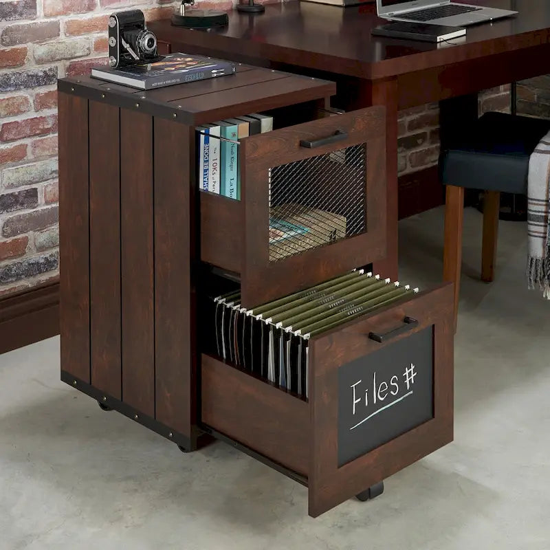 Classeur mobile vintage rustique en noyer à 2 tiroirs avec panneau ardoise pour 1