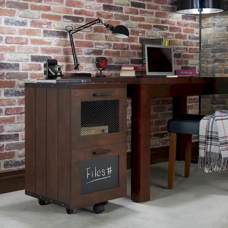 Classeur mobile vintage rustique en noyer à 2 tiroirs avec panneau ardoise pour 1