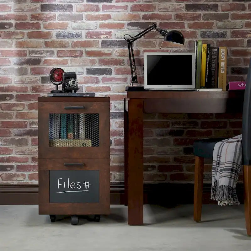 Classeur mobile vintage rustique en noyer à 2 tiroirs avec panneau ardoise pour 1