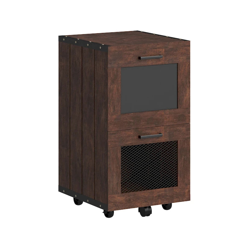 Classeur mobile vintage rustique en noyer à 2 tiroirs avec panneau ardoise pour 1