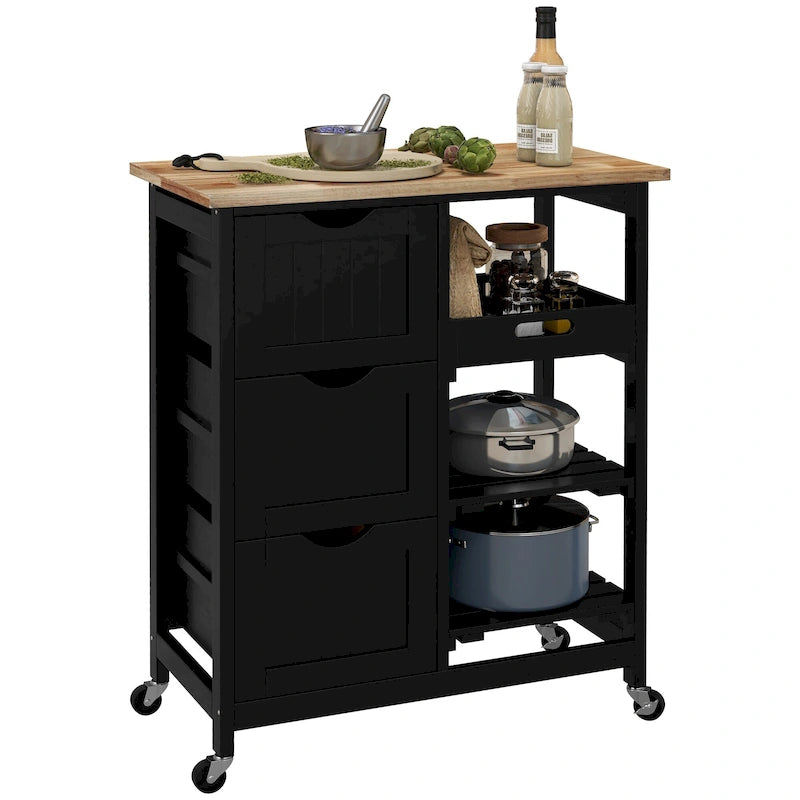 Desserte de cuisine roulante grise/blanche/noire avec plateau en bois, étagères et tiroirs