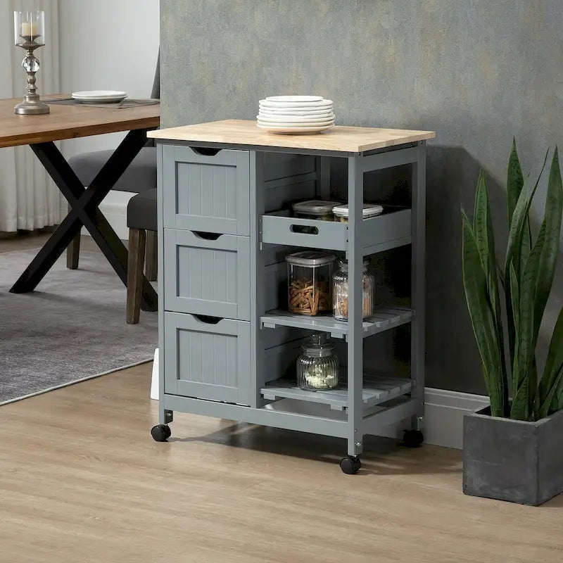 Desserte de cuisine roulante grise/blanche/noire avec plateau en bois, étagères et tiroirs