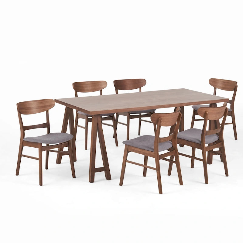Ensemble de salle à manger A-Frame style Mid-Century en noyer/chêne avec chaises rembourrées, 7 personnes