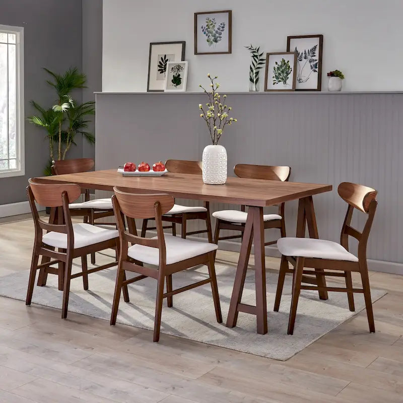 Ensemble de salle à manger A-Frame style Mid-Century en noyer/chêne avec chaises rembourrées, 7 personnes