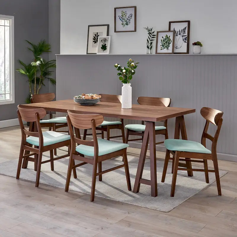 Ensemble de salle à manger A-Frame style Mid-Century en noyer/chêne avec chaises rembourrées, 7 personnes