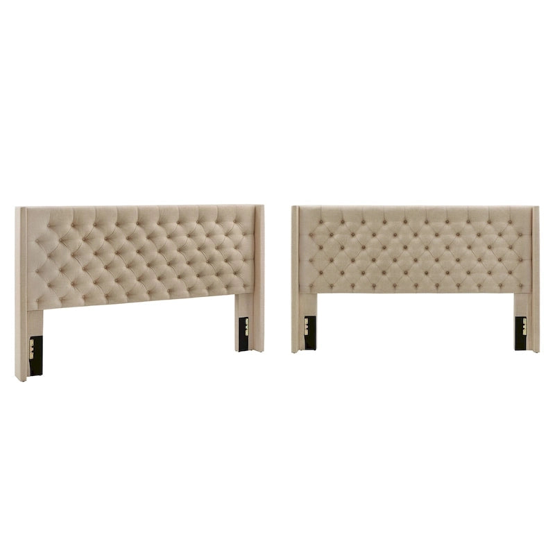 Tête de lit King size capitonnée en lin beige/gris/gris foncé avec oreilles