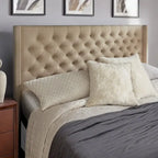 Tête de lit King size capitonnée en lin beige/gris/gris foncé avec oreilles