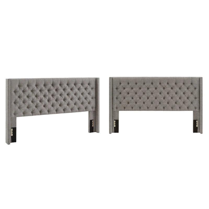 Tête de lit King size capitonnée en lin beige/gris/gris foncé avec oreilles
