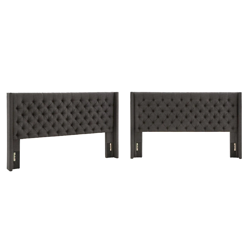 Tête de lit King size capitonnée en lin beige/gris/gris foncé avec oreilles