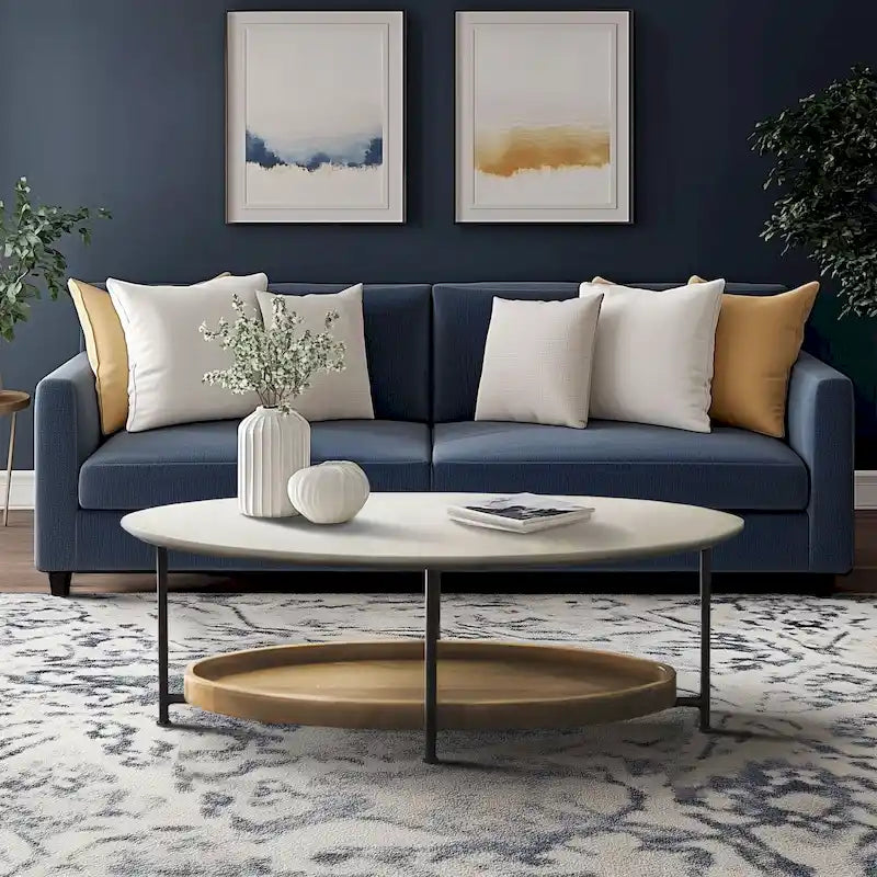 Table basse ovale blanche/naturelle avec étagère inférieure, 1 personne