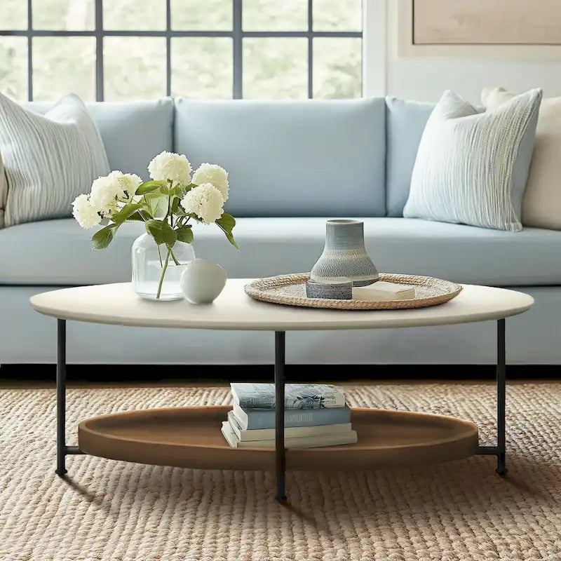 Table basse ovale blanche/naturelle avec étagère inférieure, 1 personne