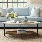 Table basse ovale blanche/naturelle avec étagère inférieure, 1 personne