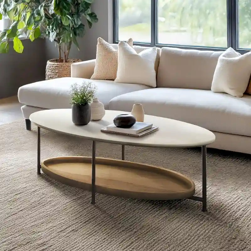 Table basse ovale blanche/naturelle avec étagère inférieure, 1 personne