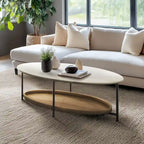 Table basse ovale blanche/naturelle avec étagère inférieure, 1 personne
