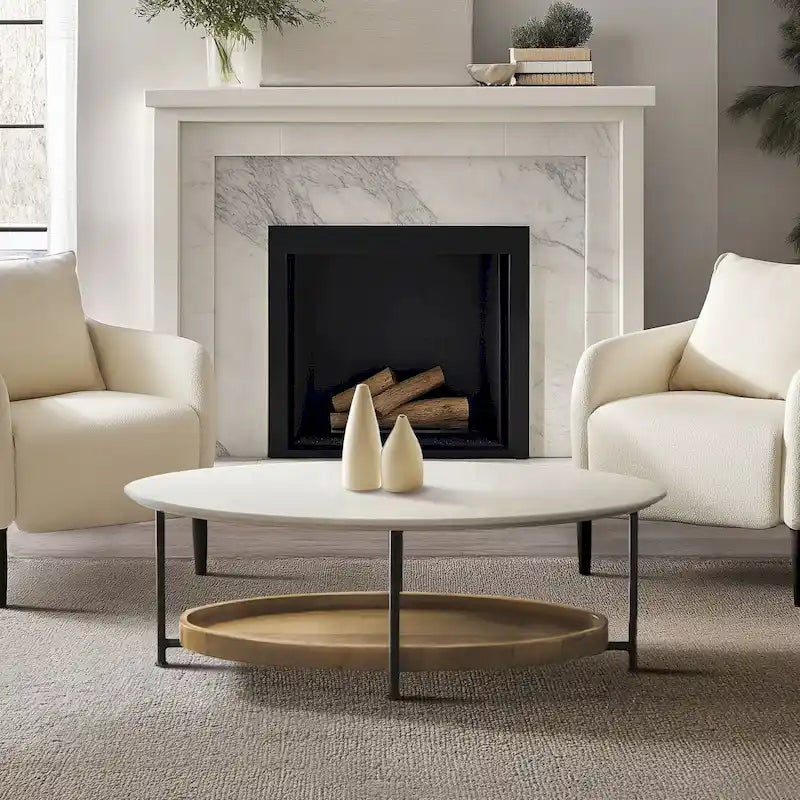 Table basse ovale blanche/naturelle avec étagère inférieure, 1 personne