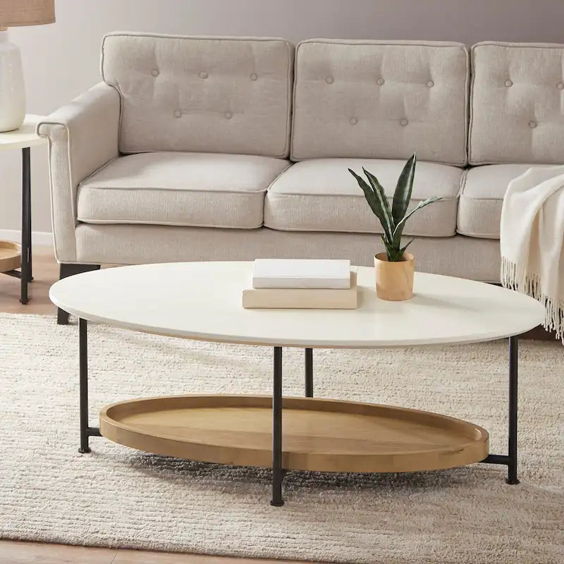 Table basse ovale blanche/naturelle avec étagère inférieure, 1 personne
