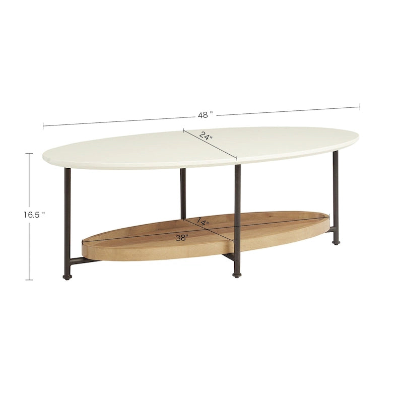 Table basse ovale blanche/naturelle avec étagère inférieure, 1 personne