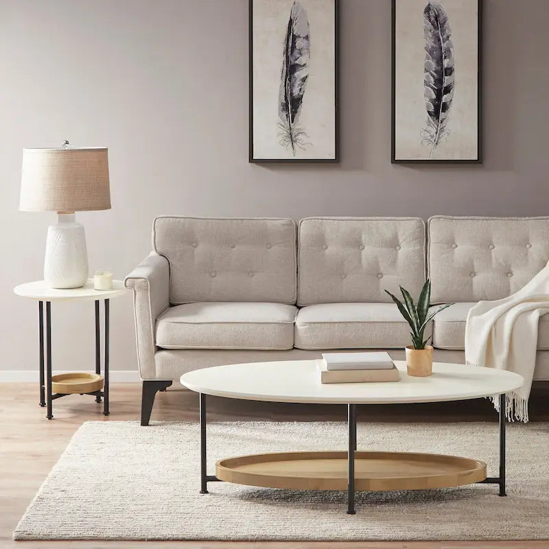 Table basse ovale blanche/naturelle avec étagère inférieure, 1 personne