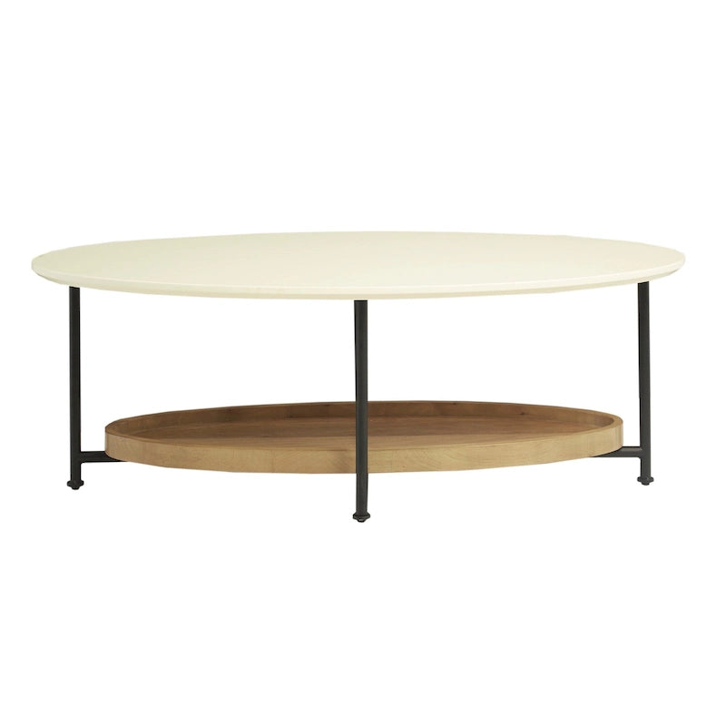 Table basse ovale blanche/naturelle avec étagère inférieure, 1 personne