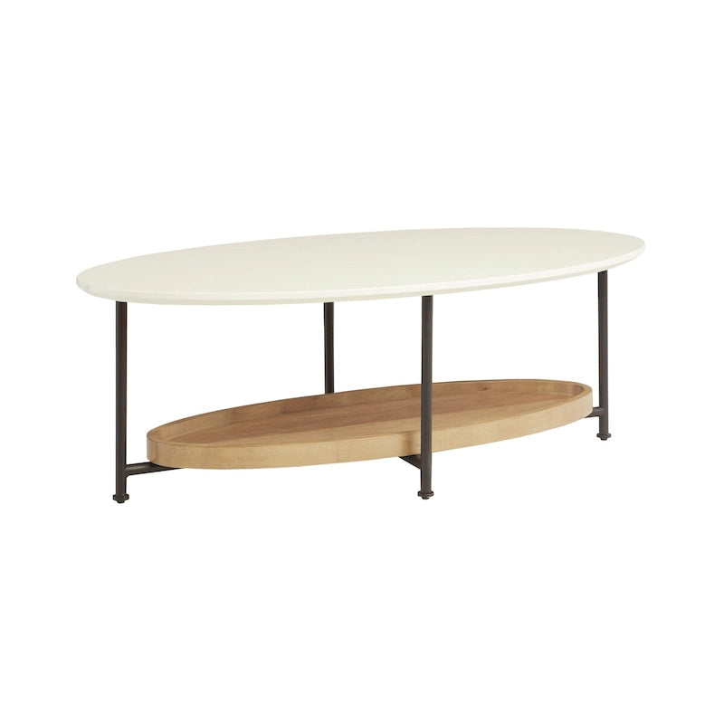 Table basse ovale blanche/naturelle avec étagère inférieure, 1 personne