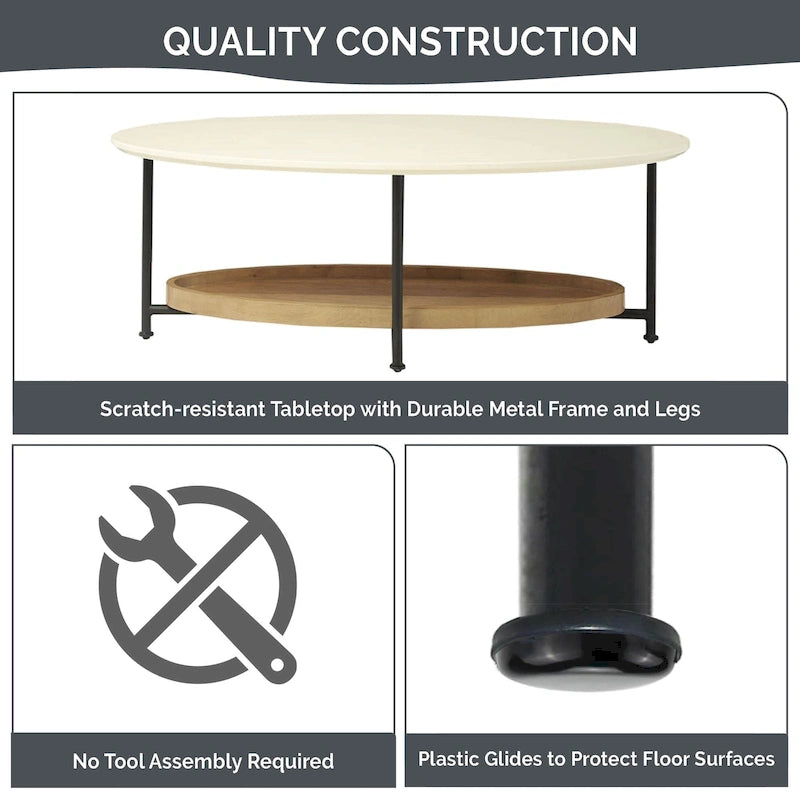 Table basse ovale blanche/naturelle avec étagère inférieure, 1 personne