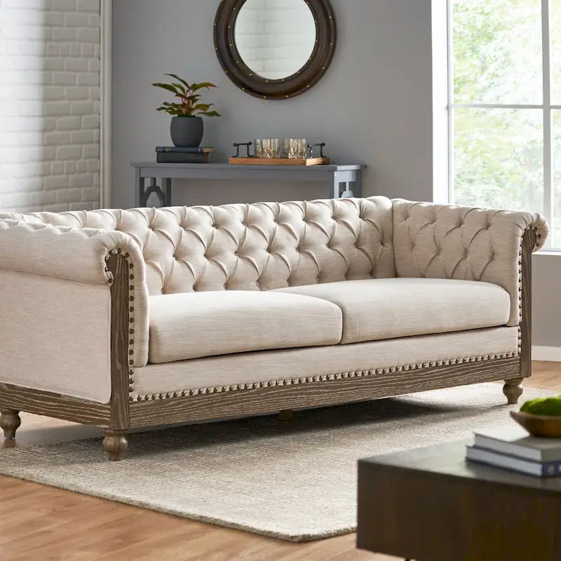 Canapé Chesterfield 3 places en tissu/simili-cuir multicolore avec clous décoratifs
