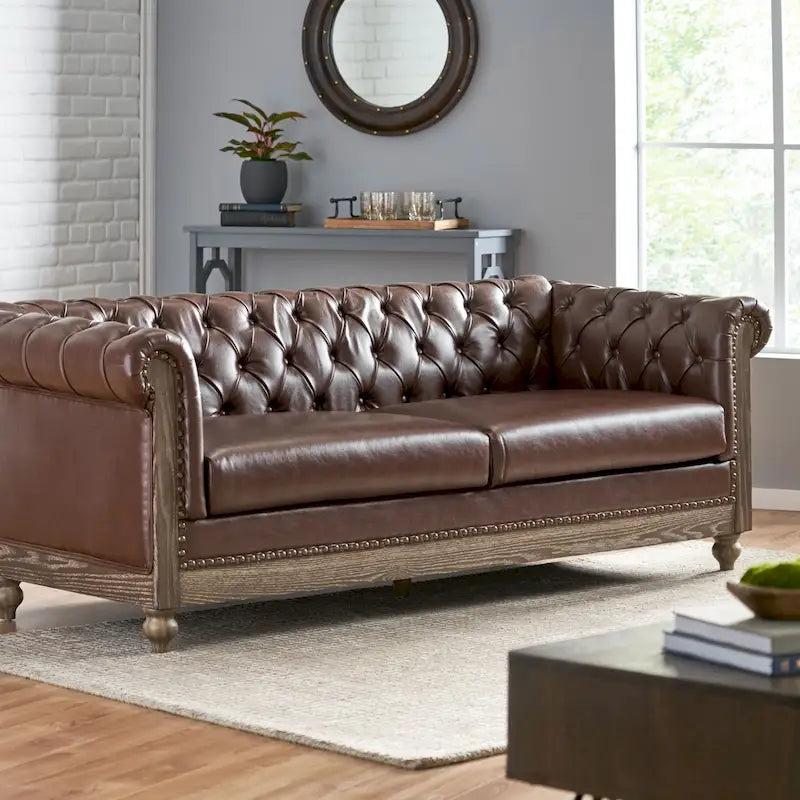 Canapé Chesterfield 3 places en tissu/simili-cuir multicolore avec clous décoratifs