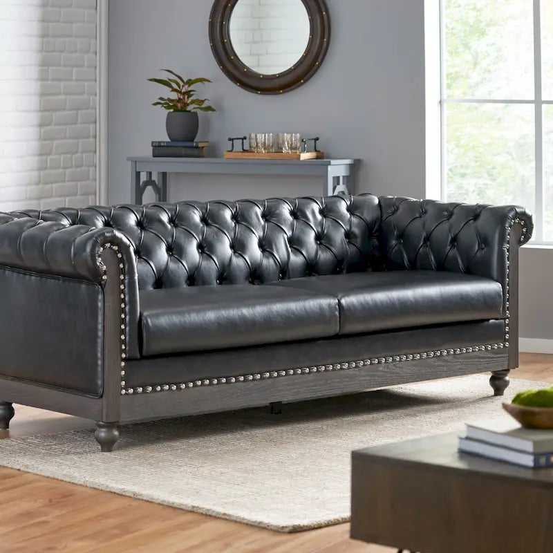 Canapé Chesterfield 3 places en tissu/simili-cuir multicolore avec clous décoratifs