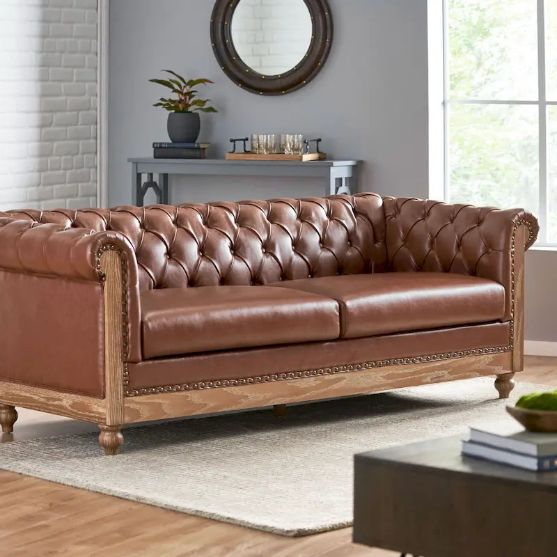 Canapé Chesterfield 3 places en tissu/simili-cuir multicolore avec clous décoratifs