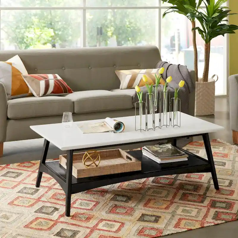 Table basse mi-siècle avec étagère inférieure, Off-White/Pecan/Natural/Black, 1 personne