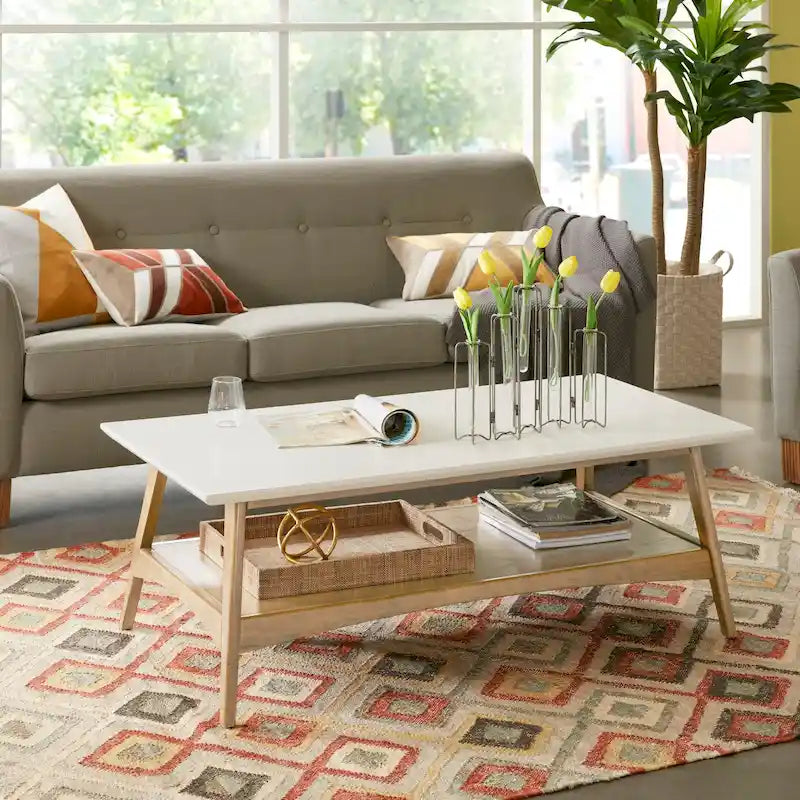 Table basse mi-siècle avec étagère inférieure, Off-White/Pecan/Natural/Black, 1 personne