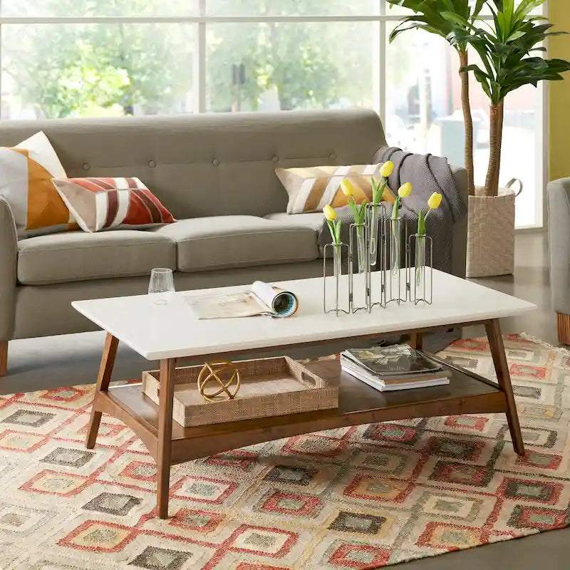 Table basse mi-siècle avec étagère inférieure, Off-White/Pecan/Natural/Black, 1 personne