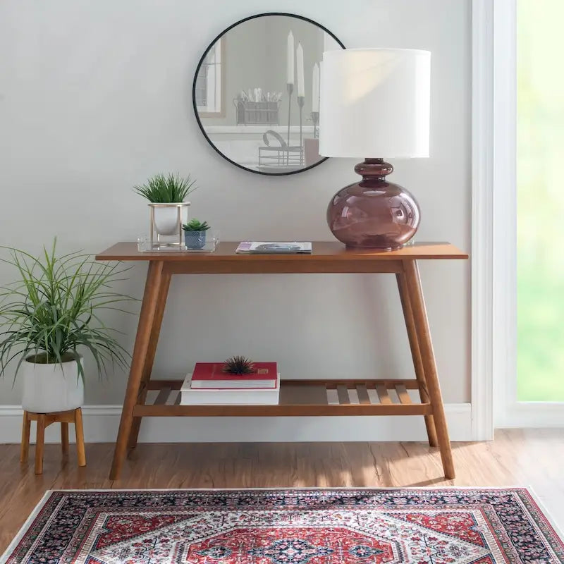 Console d'entrée moderne du milieu du siècle brun/blanc avec pieds évasés en hévéa et étagère inférieure