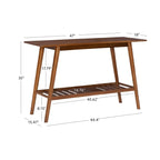 Console d'entrée moderne du milieu du siècle brun/blanc avec pieds évasés en hévéa et étagère inférieure