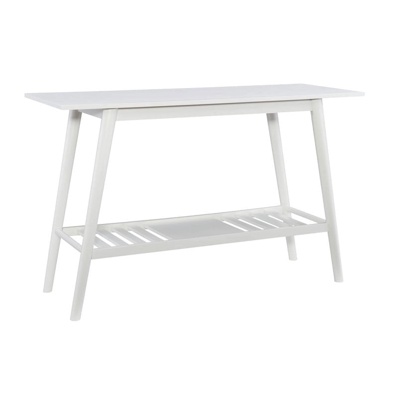 Console d'entrée moderne du milieu du siècle brun/blanc avec pieds évasés en hévéa et étagère inférieure