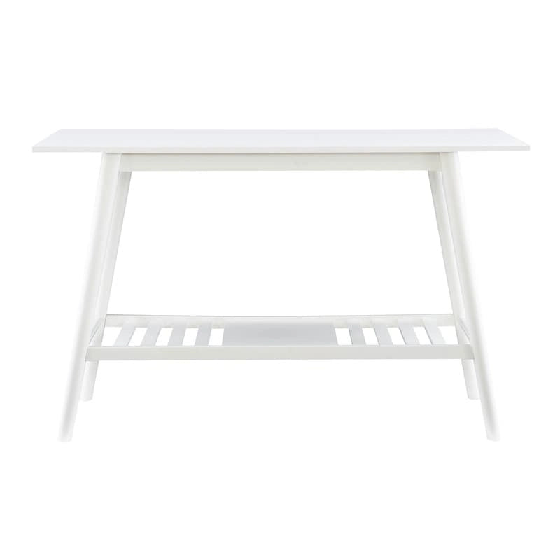 Console d'entrée moderne du milieu du siècle brun/blanc avec pieds évasés en hévéa et étagère inférieure