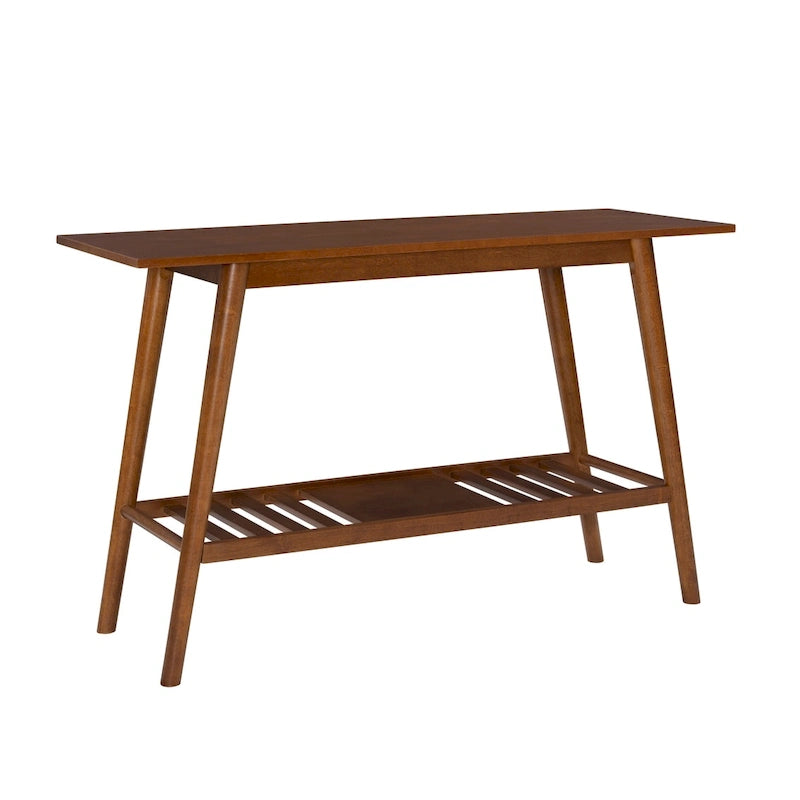 Console d'entrée moderne du milieu du siècle brun/blanc avec pieds évasés en hévéa et étagère inférieure