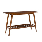 Console d'entrée moderne du milieu du siècle brun/blanc avec pieds évasés en hévéa et étagère inférieure