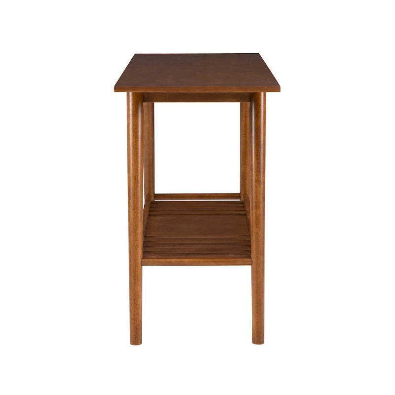 Console d'entrée moderne du milieu du siècle brun/blanc avec pieds évasés en hévéa et étagère inférieure