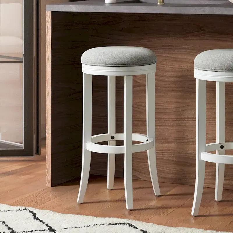 Tabouret de bar pivotant à 360° sans dossier en lin blanc/gris avec cadre en bois dur pour 1 personne