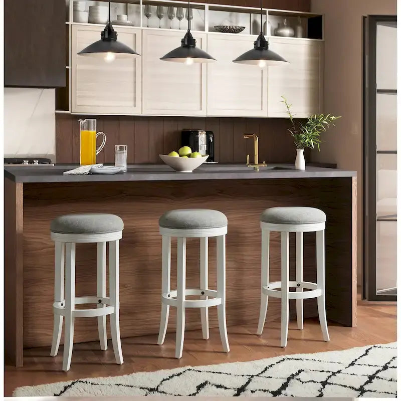 Tabouret de bar pivotant à 360° sans dossier en lin blanc/gris avec cadre en bois dur pour 1 personne