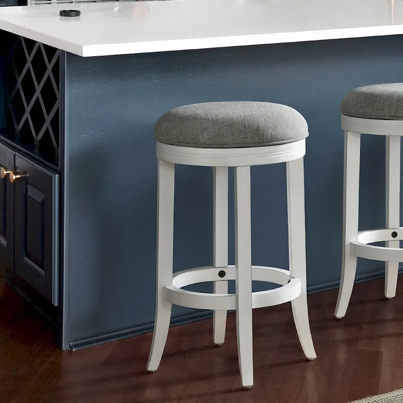 Tabouret de bar pivotant à 360° sans dossier en lin blanc/gris avec cadre en bois dur pour 1 personne