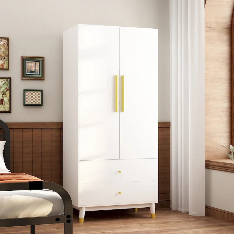 Armoire grise/marron/blanche avec 2 tiroirs et tringle à vêtements, 1 personne