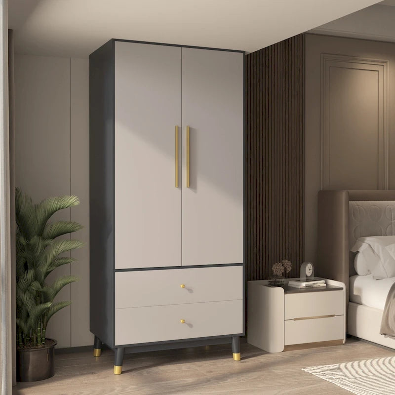 Armoire grise/marron/blanche avec 2 tiroirs et tringle à vêtements, 1 personne